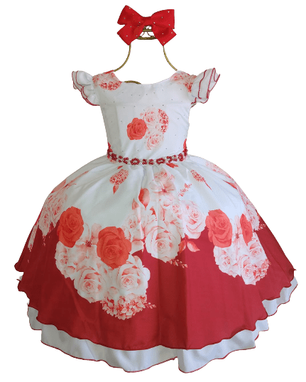 Vestido Festa Floral Vermelho + Laço Puzzle Imagem 1
