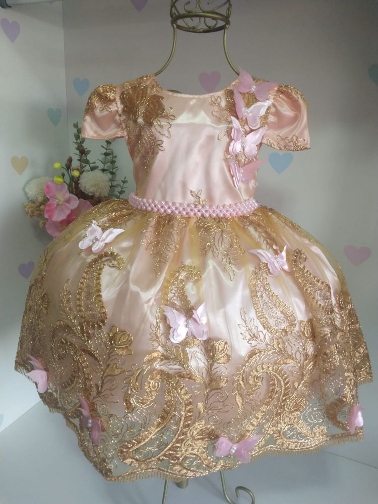 Alice Baby - Vestido Festa Rosa Dourado Realeza Butterfly Enjoy Kids